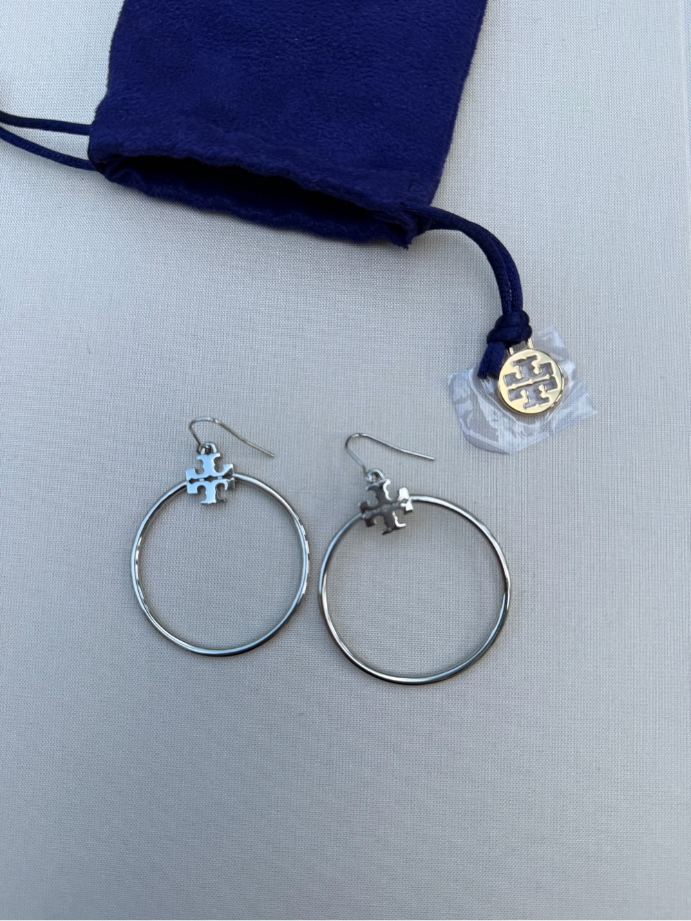 Tory Burch Silver Logo Hoop Earrings with Dangle Emblem